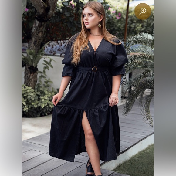 ELF Peony Black Linen Midi Dress, Sz XXL - Picture 3 of 15